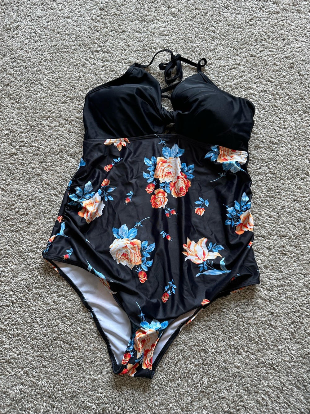 C&C California Black One-Piece Swimsuit with Blue and Peach Floral Print